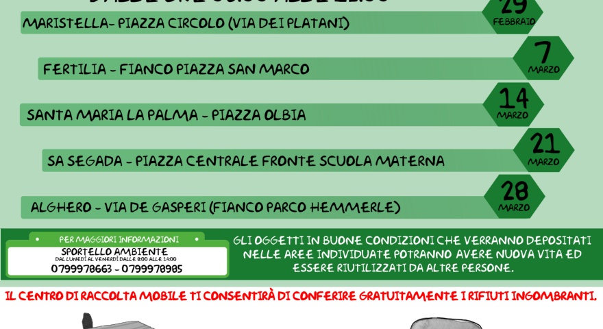Conferimento rifiuti ingombranti, calendario per il deposito ad Alghero e nelle borgate  Conferimento rifiuti ingombranti, calendario per il deposito ad Alghero e nelle borgate
